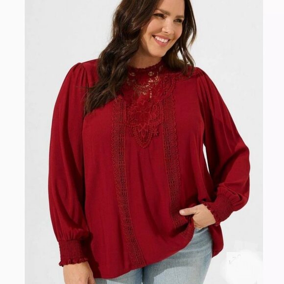 torrid Tops - Torrid Washable Crinkle Gauze Crochet Yoke Blouson Sleeve Top
